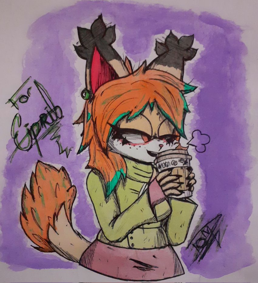 anthro beverage blush canid canine clothed clothing coffee elisabeth_(eipril) felid female fox hair hi_res mammal pegassidyavlou red_hair signature simple_background solo spanish_description tail