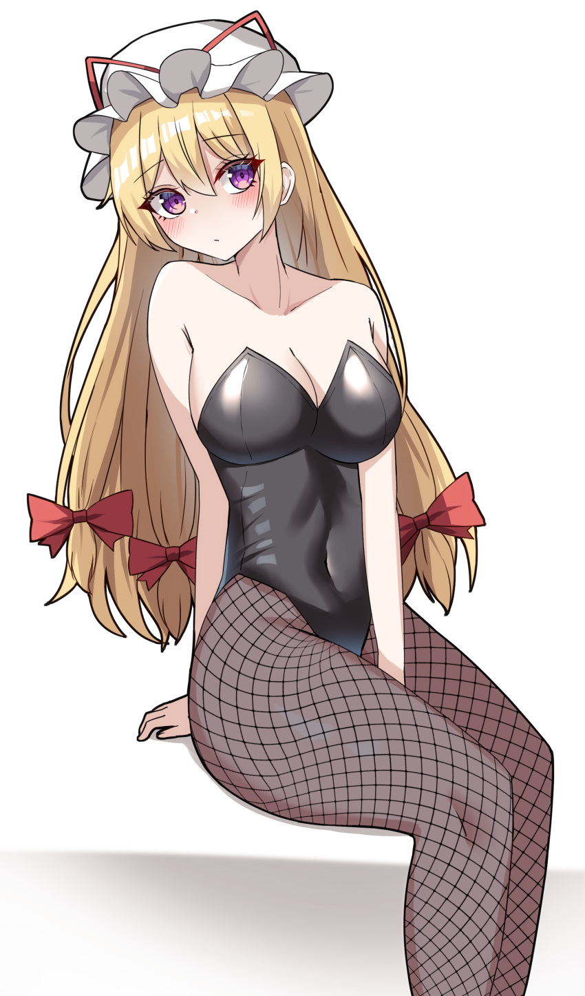 absurdres between_legs black_leotard blonde_hair bow breasts feet_out_of_frame female fishnet_pantyhose fishnets hairbow hand_between_legs hat hat_ribbon highres kiui_(dagk8254) large_breasts leotard long_hair mob_cap pantyhose playboy_bunny purple_eyes red_bow red_ribbon ribbon simple_background sitting solo strapless strapless_leotard touhou very_long_hair white_background white_hat yakumo_yukari