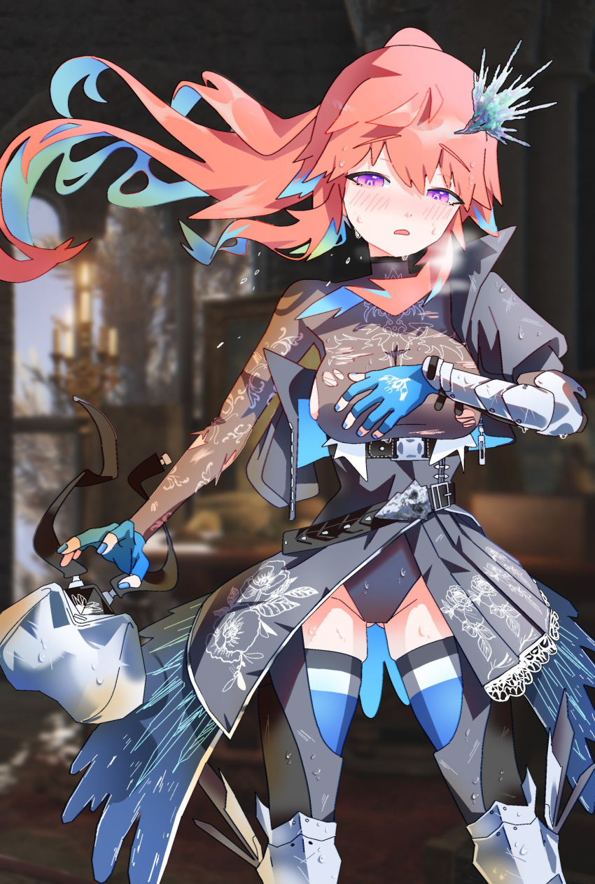 armor ass_visible_through_thighs battle_damage blue_nails blush breasts broken_armor damaged female fingerless_gloves gloves gradient_hair gurumie hair_ornament high_ponytail highres hololive hololive_english long_hair looking_at_viewer medium_breasts multicolored_hair official_alternate_costume open_mouth orange_hair ponytail purple_eyes solo sweat takanashi_kiara takanashi_kiara_(knight) thighhighs torn_clothes undressing virtual_youtuber