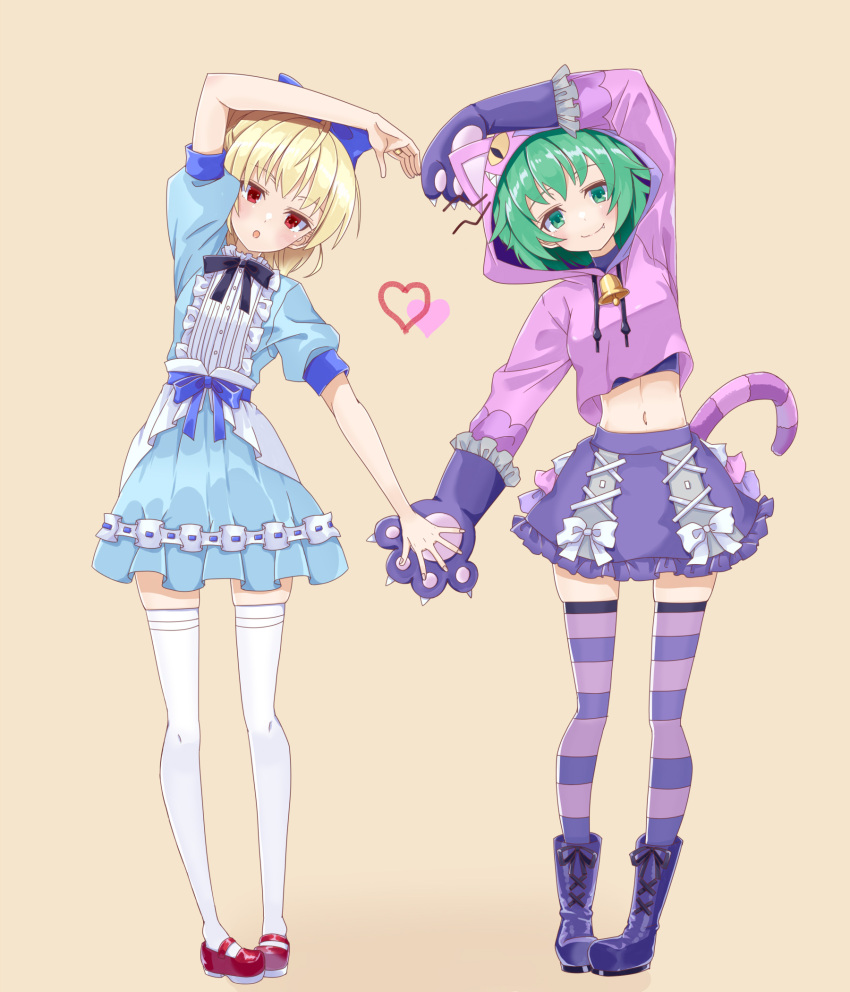 2girls :o alice_(alice_in_wonderland) alice_(alice_in_wonderland)_(cosplay) alice_in_wonderland andou_tazusa animal_hands animal_hood arm_up assault_lily bell black_footwear black_ribbon blonde_hair blue_bow blue_dress blue_ribbon boots bow breasts brown_background buttons cat_hood cat_tail center_frills cheshire_cat_(alice_in_wonderland) cheshire_cat_(alice_in_wonderland)_(cosplay) closed_mouth commentary_request cosplay cropped_hoodie cross-laced_footwear drawstring dress fake_tail fang_out frilled_dress frilled_gloves frilled_skirt frills full_body gloves green_eyes green_hair gumoyu hairbow heart heart_arms_duo highres hood hood_up hoodie lace-up_boots layered_dress leaning_to_the_side long_sleeves looking_at_viewer mary_janes medium_breasts midriff miniskirt multiple_girls navel neck_bell neck_ribbon oerba_yun_fang official_alternate_costume parted_lips paw_gloves pink_hoodie puffy_short_sleeves puffy_sleeves purple_gloves purple_skirt purple_thighhighs red_eyes red_footwear ribbon shoes short_hair short_sleeves simple_background skirt standing stomach striped_clothes striped_thighhighs tail thighhighs white_bow white_thighhighs yoshimura_thi_mai zettai_ryouiki