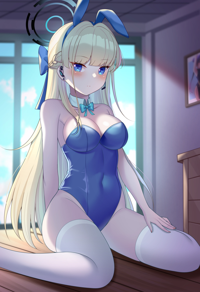 absurdres animal_ears bare_shoulders blonde_hair blue_archive blue_bow blue_eyes blue_halo blue_leotard blush bow bowtie braid breasts cleavage commentary covered_navel day detached_collar earrings fake_animal_ears female hairbow halo highres indoors jewelry kensei_(ciid) legs_apart leotard long_hair looking_at_viewer medium_breasts microphone official_alternate_costume on_floor playboy_bunny rabbit_ears sitting skin_tight skindentation solo strapless strapless_leotard thighhighs toki_(blue_archive) toki_(bunny)_(blue_archive) very_long_hair white_thighhighs