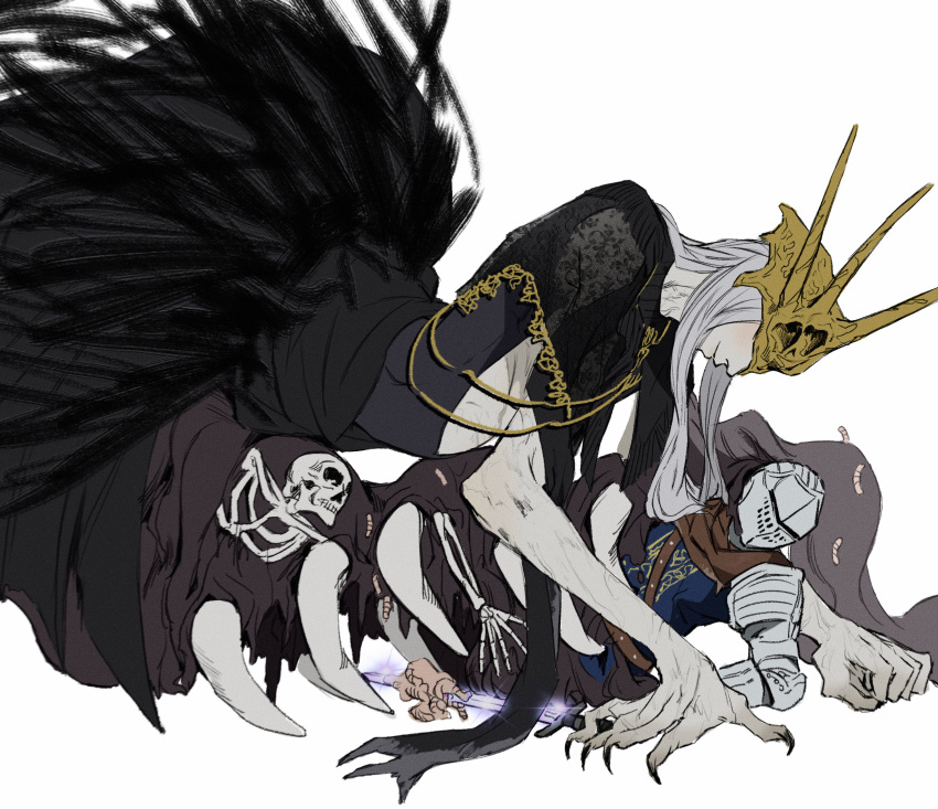 1boy 1other absurdres aldrich_devourer_of_gods ambiguous_gender black_cloak black_nails boy_on_top bug chosen_undead cloak closed_mouth dark_souls_(series) dark_souls_i dark_souls_iii dark_sun_gwyndolin facing_another fingernails gold_headwear grey_hair helm helmet highres holding holding_sword holding_weapon long_hair monster nail_polish profile see-through sharp_fingernails skull smile sword teeth weapon white_background zunkome