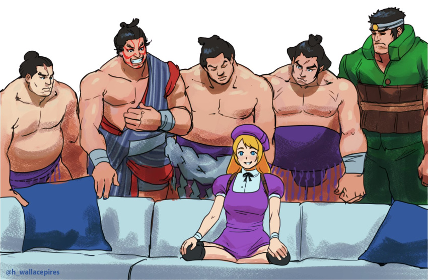 5boys akatsuki-maru big_belly black_hair blonde_hair buriki_one couch crossover edmond_honda facepaint female ganryu_(tekken) hair_bun headband highres isurugi_gan justice_gakuen looking_at_another looking_at_viewer mawashi meme multiple_boys multiple_crossover pectorals piper_perri_surrounded_(meme) sash scar scar_on_face scar_on_forehead shijou_hinako single_hair_bun smile street_fighter street_fighter_6 sumo taka-arashi tekken the_king_of_fighters the_king_of_fighters_xv topknot topless_male trait_connection twitter_username virtua_fighter wallace_pires