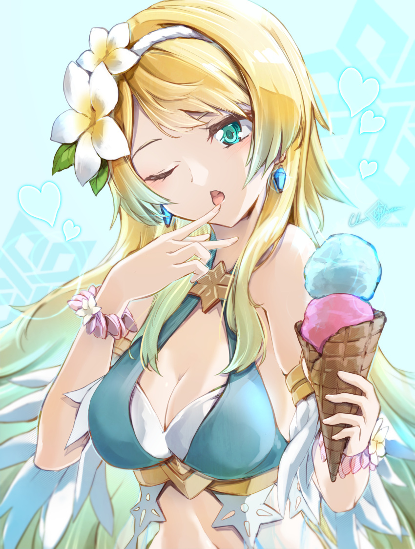 alternate_hairstyle aqua_bikini bikini blonde_hair blue_bikini blue_eyes breasts clear_glass_(mildmild1311) commentary_request double_scoop earrings feather_trim female fire_emblem fire_emblem_heroes fjorm_(fire_emblem) fjorm_(summer)_(fire_emblem) flower flower_hairband food gradient_hair hair_flower hair_ornament highres holding holding_food holding_ice_cream ice_cream ice_cream_cone jewelry long_hair looking_at_viewer medium_breasts multicolored_hair official_alternate_costume open_mouth swimsuit waffle_cone