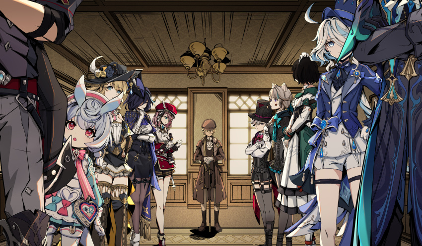 4boys 6+girls absurdres aether_(genshin_impact) ahoge animal_ears belt black_footwear black_gloves black_hair black_headwear black_jacket black_shorts black_thighhighs blonde_hair blue_eyes blue_hair boots bow brother_and_sister brown_hair charlotte_(genshin_impact) chinese_commentary clorinde_(genshin_impact) closed_mouth coat collared_shirt commentary crossed_arms dress drop-shaped_pupils frills furina_(genshin_impact) garter_straps genshin_impact gloves grey_hair grey_pants hair_between_eyes hair_over_one_eye hat highres holding horns indoors jacket katheryne_(genshin_impact) kneehighs legwear_garter long_hair long_sleeves looking_at_another lynette_(genshin_impact) lyney_(genshin_impact) multicolored_hair multiple_boys multiple_girls navia_(genshin_impact) necktie neuvillette_(genshin_impact) open_mouth pants pantyhose pink_eyes pink_hair red_eyes red_headwear shirt shoes short_hair shorts siblings sigewinne_(genshin_impact) skirt smile socks standing streaked_hair symbol-shaped_pupils tail thigh_boots thigh_strap thighhighs top_hat twins vest vision_(genshin_impact) white_hair white_pants white_shirt wriothesley_(genshin_impact) ye_hua_bai_liu