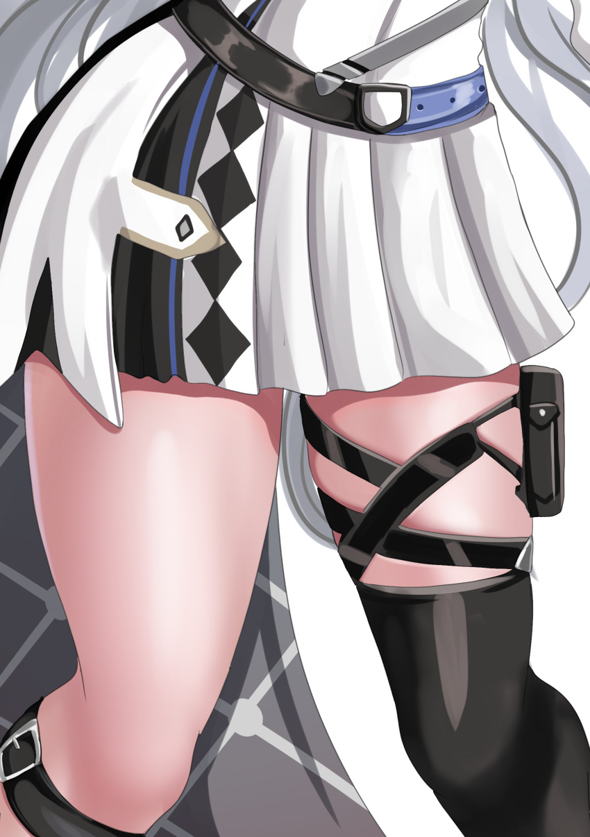 absurdres belt drie female grey_hair head_out_of_frame highres hololive hololive_indonesia long_hair pleated_skirt pouch shiny_skin single_thighhigh skirt thigh_focus thigh_pouch thigh_strap thighhighs thighs vestia_zeta vestia_zeta_(1st_costume) virtual_youtuber