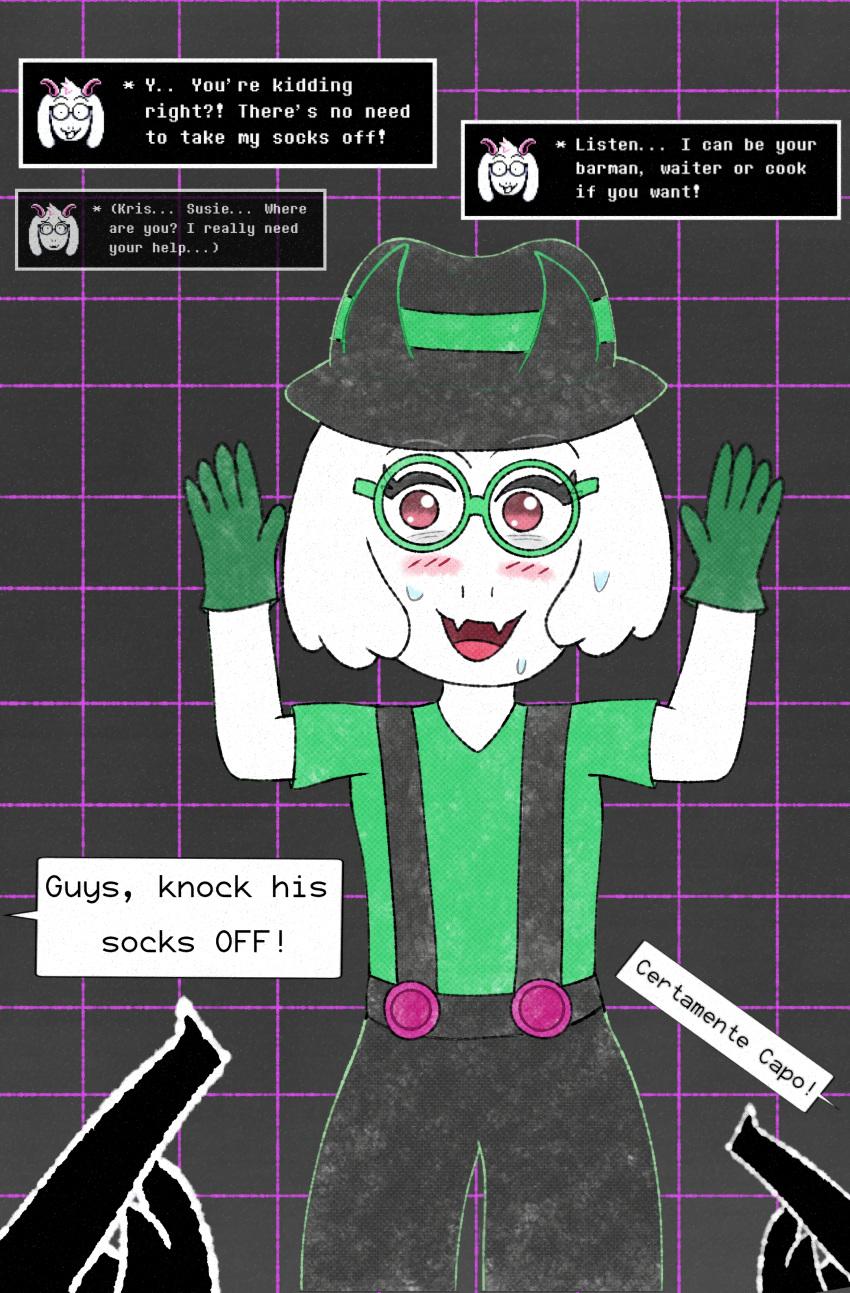 absurd_res blush bovid caprine clothing costume deltarune english_text gangster goat hi_res male mammal mobster ralsei shadowman text undertale_(series)