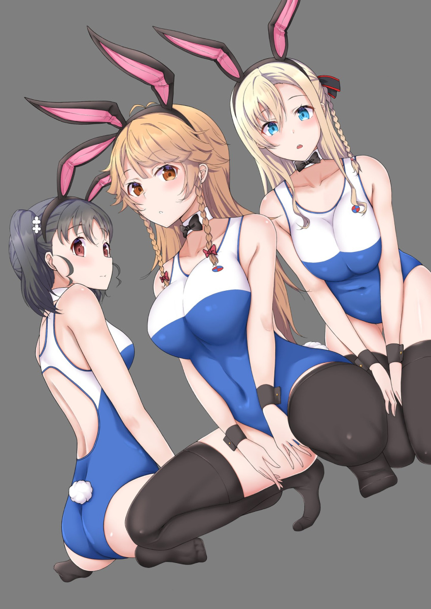 3girls animal_ears ass black_hair black_thighhighs blonde_hair blue_eyes blue_one-piece_swimsuit bow bowtie braid breasts brown_eyes brown_hair detached_collar high_school_fleet highres kaga_kanten_buchou large_breasts long_hair looking_at_viewer medium_breasts multiple_girls nosa_kouko one-piece_swimsuit playboy_bunny_swimsuit rabbit_ears rabbit_tail school_swimsuit shiretoko_rin side_braid single_braid swimsuit tail thighhighs twin_braids twintails two-tone_swimsuit wilhelmina_braunschweig_ingenohl_friedeburg wrist_cuffs yokosuka_girls_marine_high_school_swimsuit