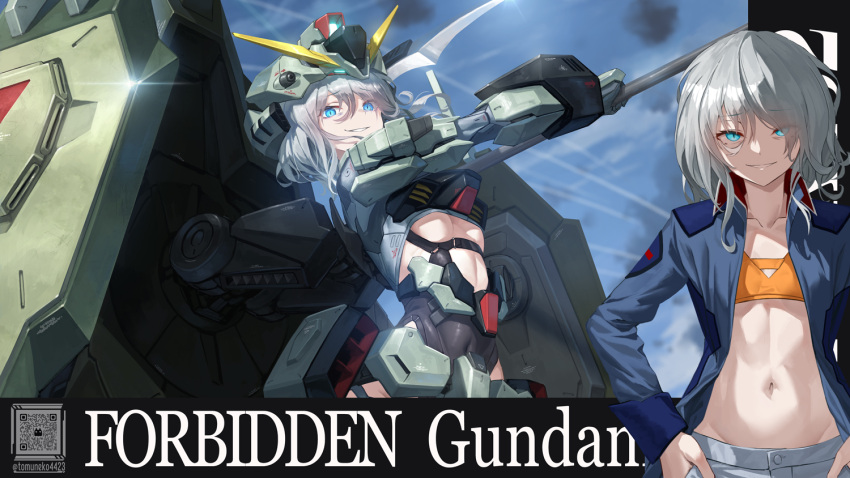 armor bandeau blue_eyes blue_jacket character_name collared_jacket commentary_request english_commentary eyes_visible_through_hair female flat_chest forbidden_gundam glint grey_hair gundam gundam_seed hair_between_eyes hands_in_pockets headgear holding holding_scythe holding_weapon humanization jacket long_sleeves looking_at_viewer mecha_musume medium_hair mixed-language_commentary multiple_views navel open_clothes open_jacket orange_bandeau paid_reward_available parted_lips qr_code scythe smile teeth tom-neko_(zamudo_akiyuki) twitter_username v-fin weapon