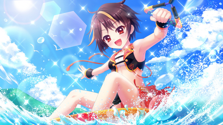 :d armpits bandou_mikuru belt_buckle bikini bird black_vest black_wrist_cuffs blonde_hair blue_sky breasts brown_hair buckle cloud day dot_nose female film_grain game_cg hand_on_handle izumi_tsubasu lens_flare looking_at_viewer multicolored_hair non-circular_lens_flare non-web_source official_art open_mouth outdoors outstretched_arm re:stage! red_eyes seagull short_hair sitting sky small_breasts smile solo sparkle splashing streaked_hair sun swimsuit two-tone_hair vest water_drop water_skiing white_bikini wrist_cuffs