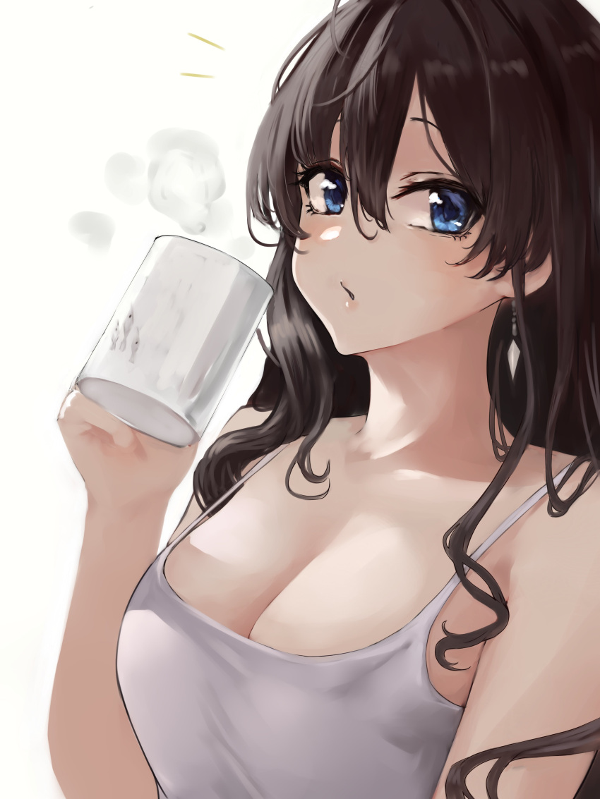 absurdres ahoge bare_shoulders blowing_on_food blue_eyes blush breasts brown_hair cleavage coffee_mug collarbone cup earrings female hair_between_eyes highres ichinose_shiki idolmaster idolmaster_cinderella_girls jewelry lamp_p9 long_hair looking_at_viewer medium_breasts mug open_mouth simple_background solo wavy_hair