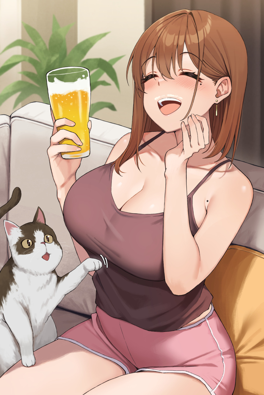 ^_^ absurdres alcohol animal bare_shoulders beer blush breasts brown_camisole brown_hair bubble_beard camisole cleavage closed_eyes collarbone couch cup dolphin_shorts feline female highres holding holding_cup indoors large_breasts mole mole_on_armpit mole_under_eye ol-chan_(udon) on_couch original pink_shorts short_shorts shorts sitting smile solo udon_(udonalium)