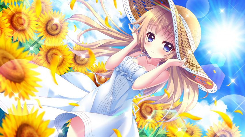 blue_eyes blue_sky breasts cleavage closed_mouth cloud collarbone day dot_nose dress falling_petals female field film_grain flower flower_field game_cg hands_on_headwear hat itsumura_haruka izumi_tsubasu lens_flare light_brown_hair long_hair looking_at_viewer medium_breasts non-circular_lens_flare non-web_source official_art outdoors petals re:stage! sky smile solo spaghetti_strap sparkle straw_hat sun sundress sunflower sunflower_field white_dress yellow_flower yellow_petals