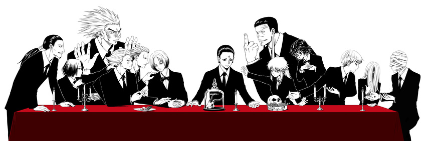 6+boys artist_request bandaged_head bandages black_hair bonorenofu bow bowtie candle chrollo_lucilfer cup drinking_glass feitan fine_art_parody fire flame formal franklin highres hisoka_(hunter_x_hunter) hunter_x_hunter index_finger_raised korutopi long_hair machi_(hunter_x_hunter) multiple_boys multiple_girls mummy necktie nobunaga_hazama non-web_source pakunoda parody phinx ponytail shalnark shizuku_(hunter_x_hunter) short_hair simple_background source_request spiked_hair suit table tablecloth the_last_supper ubogin wax white_background