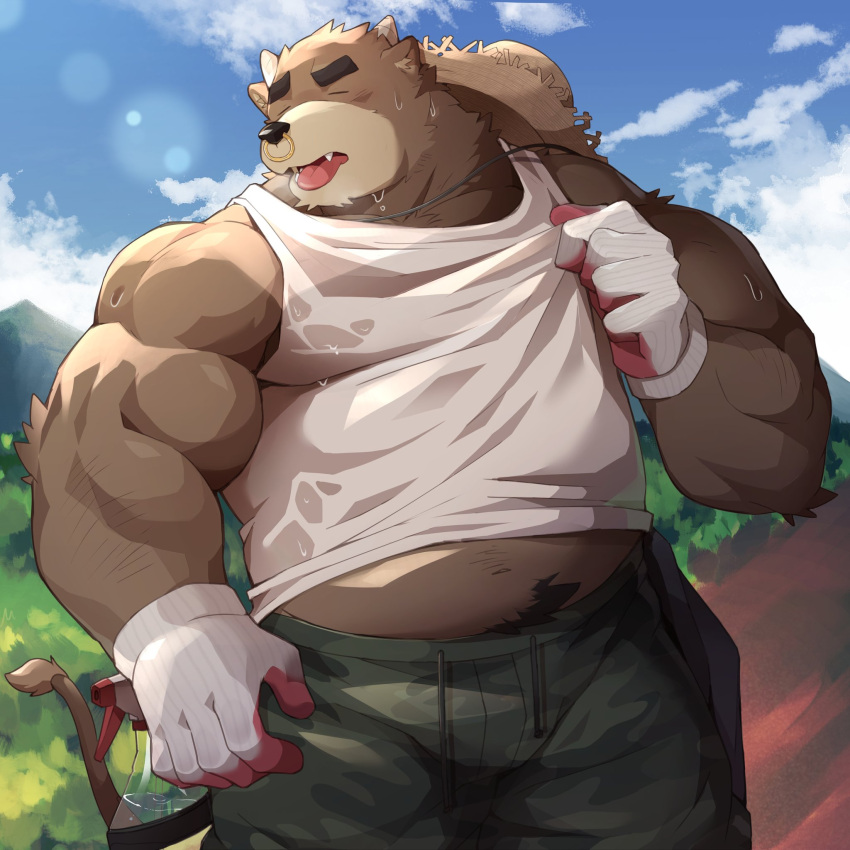 1:1 2023 anthro bear bottomwear brown_body closed_eyes clothed clothing detailed_background facial_piercing farmer hi_res humanoid_hands kemono male mammal musclegut muscular nose_piercing nose_ring outside pants park_draw piercing ring_piercing shirt solo tank_top topwear