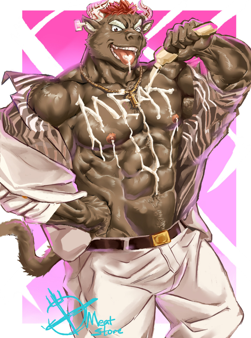 1boy abs animal_ears bara belt brown_fur cow_ears cow_horns english_text facial_hair feet_out_of_frame furry furry_male goatee gold_necklace good_meat_day gyumao_(housamo) heart-shaped_food highres horns jewelry large_pectorals looking_at_viewer male_focus mature_male mimija1 minotaur mohawk muscular muscular_male navel navel_hair necklace nipples open_clothes open_shirt pectorals pink_background pouring pouring_onto_self red_hair short_hair smile solo stomach strongman_waist tokyo_afterschool_summoners tongue tongue_out