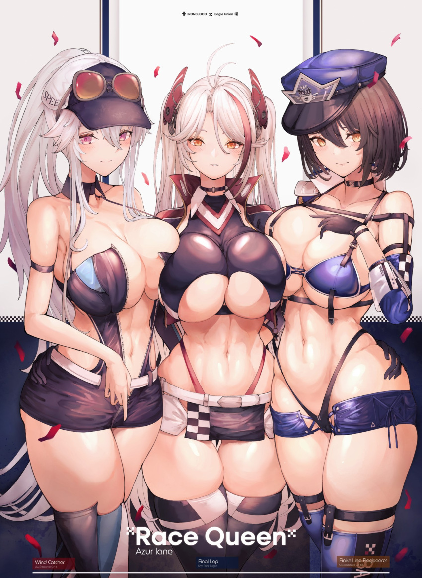 3girls arm_strap azur_lane baltimore_(azur_lane) baltimore_(finish_line_flagbearer)_(azur_lane) belt black_gloves black_leotard black_panties black_shorts black_skirt blue_headwear blue_shorts breasts brown_hair chinese_commentary commentary_request copyright_name enterprise_(azur_lane) enterprise_(wind_catcher)_(azur_lane) gloves hair_between_eyes hat highleg highleg_panties highres large_breasts leotard linea_alba long_hair looking_at_viewer micro_shorts microskirt multicolored_hair multiple_girls navel official_alternate_costume panties petals prinz_eugen_(azur_lane) prinz_eugen_(final_lap)_(azur_lane) race_queen red_hair red_panties short_shorts shorts sideboob sidelocks skindentation skirt smile stomach streaked_hair thick_thighs thighhighs thighs thong two-tone_hair two-tone_headwear underwear white_hair yellow_eyes yusha_m