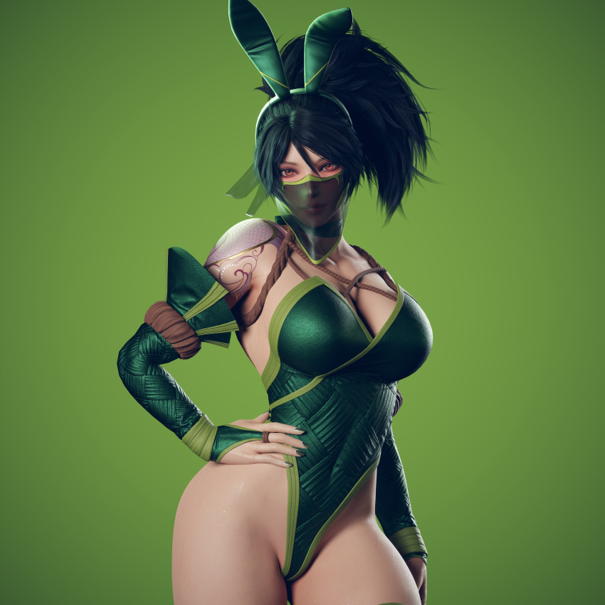 3d absurdres akali alternate_costume animal_ears black_hair blender_(medium) breasts bridal_gauntlets commentary cowboy_shot english_commentary fake_animal_ears female green_background green_hairband green_leotard hairband hand_on_own_hip high_ponytail highleg highleg_leotard highres large_breasts league_of_legends leotard long_hair looking_at_viewer mask mouth_mask mouth_veil playboy_bunny ponytail rabbit_ears red_eyes ryanreos see-through shoulder_tattoo simple_background solo tattoo veil