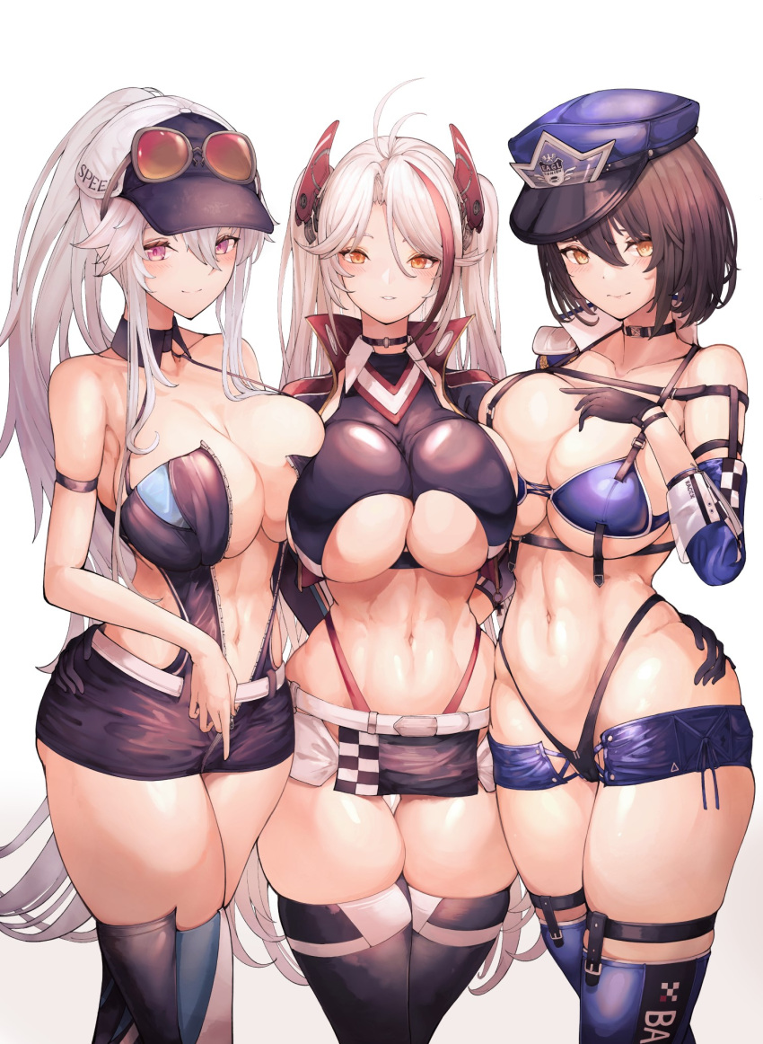 3girls arm_strap azur_lane baltimore_(azur_lane) baltimore_(finish_line_flagbearer)_(azur_lane) belt black_gloves black_leotard black_panties black_shorts black_skirt blue_headwear blue_shorts breasts brown_hair enterprise_(azur_lane) enterprise_(wind_catcher)_(azur_lane) gloves hair_between_eyes hat highleg highleg_panties highres large_breasts leotard linea_alba long_hair looking_at_viewer micro_shorts microskirt multicolored_hair multiple_girls navel official_alternate_costume panties petals prinz_eugen_(azur_lane) prinz_eugen_(final_lap)_(azur_lane) race_queen red_hair red_panties short_shorts shorts sideboob sidelocks skindentation skirt smile stomach streaked_hair thick_thighs thighhighs thighs thong two-tone_hair two-tone_headwear underwear white_background white_hair yellow_eyes yusha_m