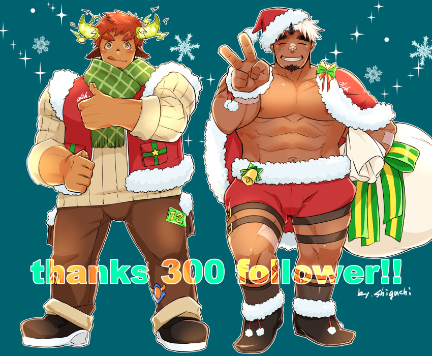 2boys :q abs absurdres akiha_gongen_(housamo) alternate_costume animal_ears bandaid bandaid_on_face bandaid_on_nose bara bare_pectorals bell black_footwear black_socks bow brown_eyes brown_hair brown_pants capelet checkered_clothes checkered_scarf christmas clenched_hand closed_eyes cow_boy cow_ears cow_horns dark-skinned_male dark_skin eye_black facial_hair fiery_horns forked_eyebrows full_body fur-trimmed_capelet fur-trimmed_footwear fur-trimmed_shorts fur-trimmed_vest fur_trim garter_belt glowing_horns goatee green_scarf grin hat highres holding holding_sack horns jingle_bell large_pectorals looking_at_viewer male_focus milestone_celebration multicolored_hair multiple_boys muscular muscular_male nipples oo12hhh pants pectorals red_capelet red_shorts red_vest sack santa_costume santa_hat scar scarf short_hair shorts sideburns single_horn sleeves_rolled_up smile snowflakes socks sparkle spiked_hair strongman_waist sweater thick_eyebrows thumbs_up tokyo_afterschool_summoners tongue tongue_out topless_male two-tone_hair v vest wakan_tanka white_hair