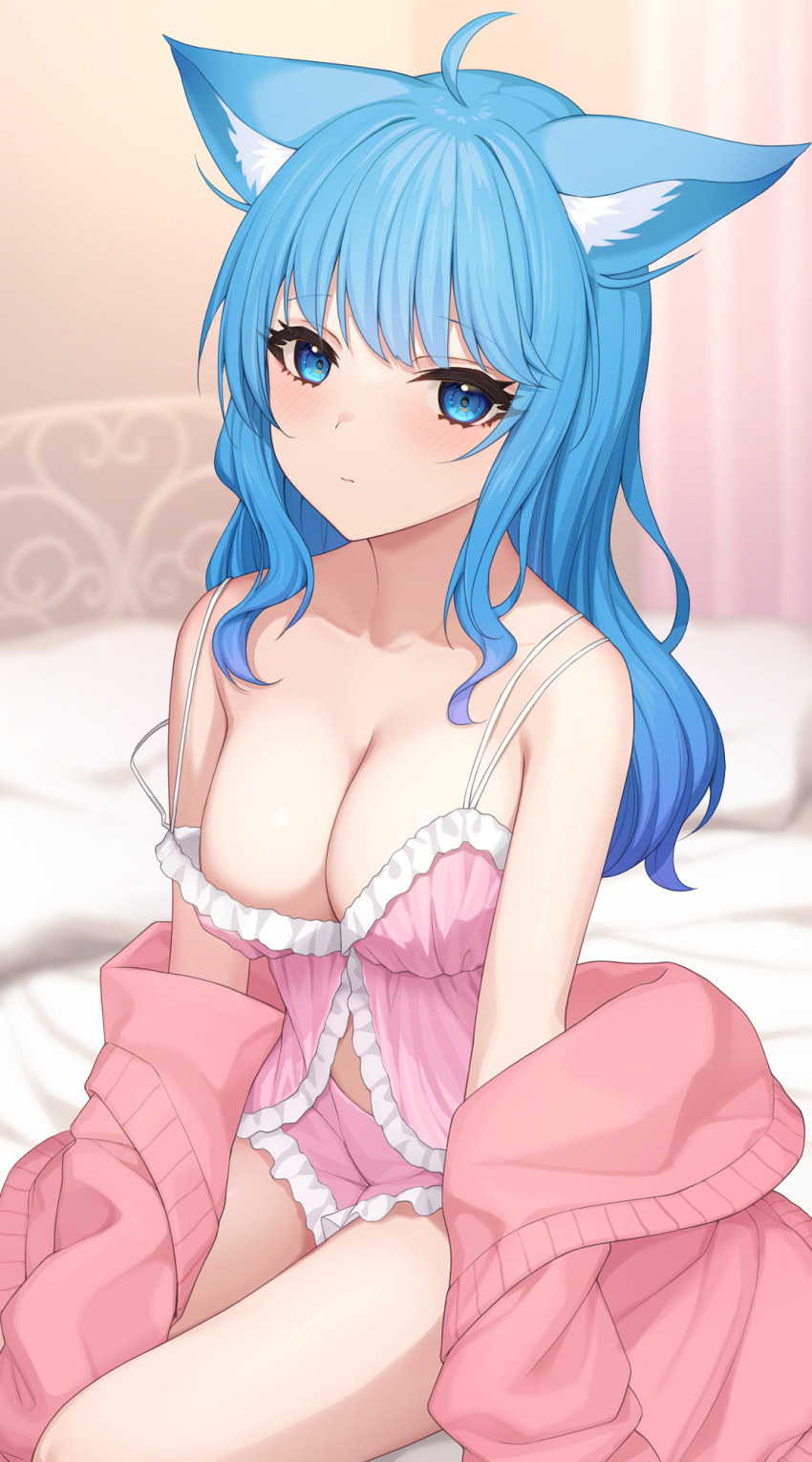 ahoge animal_ear_fluff animal_ears babydoll blue_eyes blue_hair blurry blurry_background blush breasts cardigan cardigan_partially_removed closed_mouth commentary dog_ears dog_girl female frilled_babydoll frilled_shorts frills highres indoors large_breasts long_hair looking_at_viewer nanashi_inc. nishino_eri off_shoulder on_bed open_cardigan open_clothes pillow pink_babydoll pink_cardigan pink_shorts shorts sitting sleepwear solo souya_ichika symbol-only_commentary virtual_youtuber