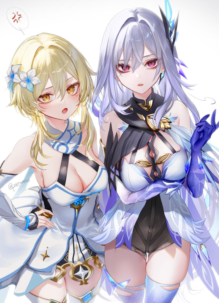 2girls :o absurdres anger_vein bare_shoulders black_leotard blonde_hair blush breasts cleavage flower genshin_impact hair_between_eyes hair_flower hair_ornament hand_on_own_hip hand_up highres large_breasts leotard long_hair looking_at_viewer lumine_(genshin_impact) medium_breasts medium_hair multiple_girls open_mouth parted_lips pottsness purple_eyes simple_background skirk_(genshin_impact) thighhighs thighs white_thighhighs yellow_eyes