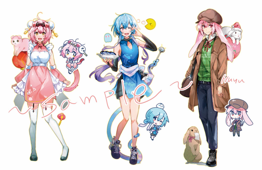 2boys ahoge alternate_breast_size alternate_costume animal_ears ansel_(arknights) arknights artist_name bag black_footwear black_sleeves blue_dress blue_hair blue_pants breasts brown_bag brown_headwear brown_jacket bun_cover cabbie_hat candy cat_ears cat_girl cat_tail chibi chibi_inset chinese_clothes cleavage_cutout clothing_cutout collared_shirt commentary crossdressing detached_sleeves dress female food full_body goldenglow_(arknights) green_sweater half-heart_hands hat highres holding holding_candy holding_food holding_plate inky_(pac-man) jacket large_breasts lollipop long_hair looking_at_viewer lop_rabbit_ears mizuki_(arknights) multiple_boys one_eye_closed open_mouth pac-man pac-man_(game) pants pink_hair pink_skirt plaid plaid_sweater plate purple_hair rabbit rabbit_boy rabbit_ears sample_watermark shirt shoes short_hair short_sleeves skirt smile sneakers sweater symbol-only_commentary tail tentacle thighhighs watermark wed_(lim38869577) white_shirt white_thighhighs yellow_eyes