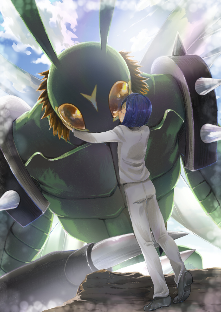 animal_humanoid anthro arthropod arthropod_humanoid bandai_namco clothing digimon digimon_(species) duo green_body grey_clothing hair hi_res hug human humanoid insect_humanoid insects k18a7an ken_ichijouji male mammal purple_hair red_eyes size_difference stingmon