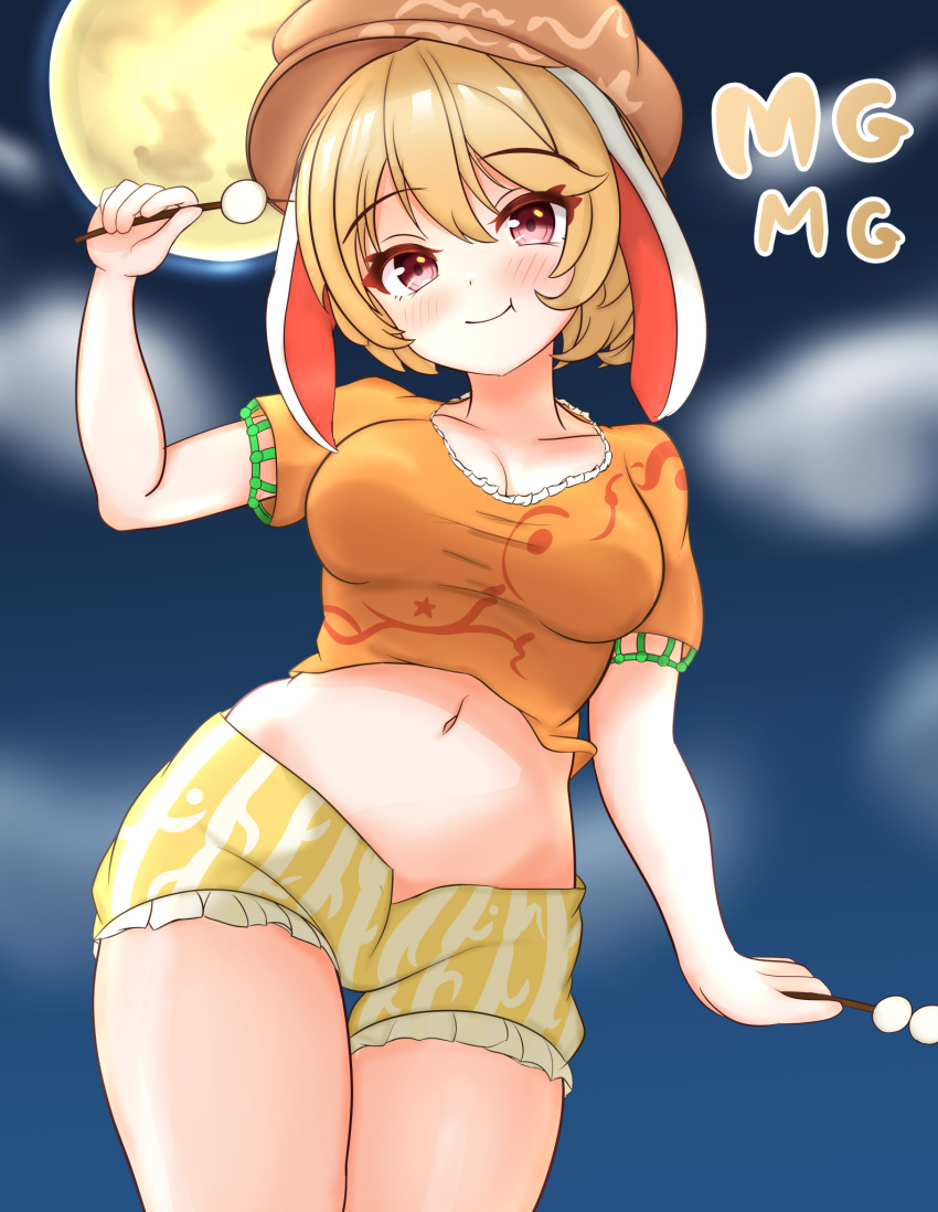 animal_ears breasts brown_hat cabbie_hat cleavage commentary_request dango female flat_cap floppy_ears food full_moon hat highres kasoka_soka kine large_breasts mallet mg_mg midriff moon navel open_fly orange_shirt rabbit_ears rabbit_girl ringo_(touhou) shirt short_sleeves shorts solo stomach touhou wagashi yellow_shorts