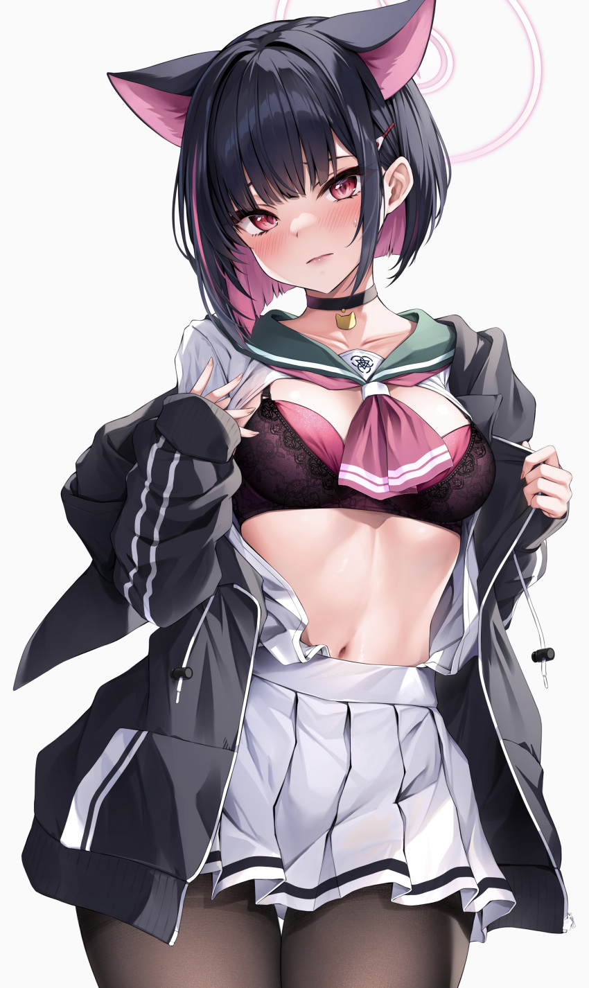 absurdres animal_ears black_bra black_hair black_jacket black_pantyhose blue_archive bra breasts cat_ears collarbone colored_inner_hair cowboy_shot extra_ears female halo highres hood hooded_jacket hyouta_(yoneya) jacket kazusa_(blue_archive) long_sleeves looking_at_viewer multicolored_hair navel open_clothes open_jacket pantyhose pink_hair pink_halo pleated_skirt red_eyes short_hair simple_background skirt solo underwear white_background white_skirt