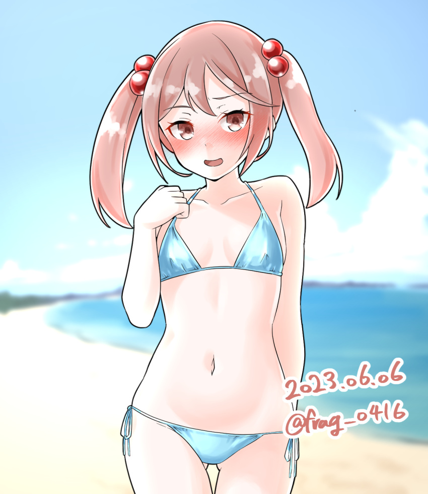 aqua_bikini beach bikini blue_sky breasts cloud dated day female furaggu_(frag_0416) hair_bobbles hair_ornament highres horizon kantai_collection medium_hair ocean one-hour_drawing_challenge outdoors pink_hair red_eyes sazanami_(kancolle) side-tie_bikini_bottom sky small_breasts solo swimsuit twintails twitter_username