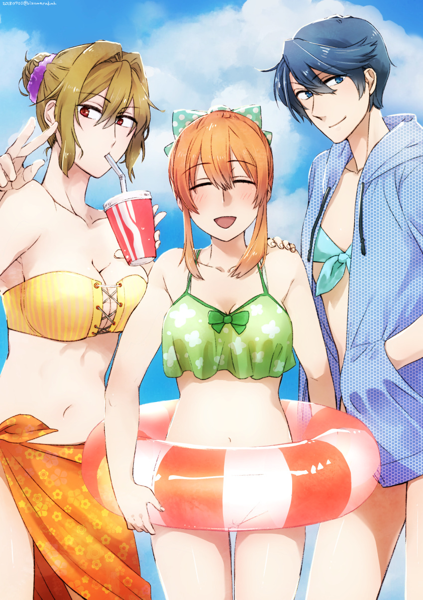 3girls absurdres bikini blue_bikini blue_eyes blue_hoodie bow breasts brown_hair cleavage closed_eyes commentary_request dress drinking flat_chest gekkan_shoujo_nozaki-kun green_bikini hair_bun hair_ornament hair_scrunchie hairbow hand_on_another's_shoulder hands_in_pockets highres hood hoodie innertube kashima_yuu large_breasts medium_breasts multiple_girls muramaru navel orange_hair orange_skirt polka_dot polka_dot_bow red_eyes sakura_chiyo scrunchie seo_yuzuki short_hair sidelocks single_hair_bun skirt strapless strapless_dress swim_ring swimsuit v yellow_bikini