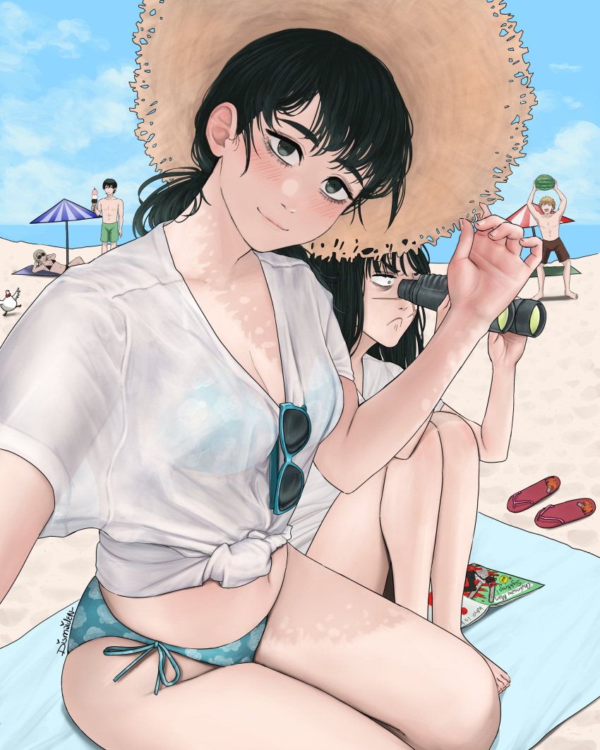 2boys 3girls absurdres beach bikini bikini_under_clothes binoculars black_eyes black_hair blonde_hair blue_bikini breasts bucky_(chainsaw_man) chainsaw_man cleavage denji_(chainsaw_man) dismaiden eyewear_hang fami_(chainsaw_man) flip-flops food fruit hat highres holding holding_binoculars holding_food holding_ice_cream ice_cream long_hair medium_breasts mitaka_asa multiple_boys multiple_girls ocean ponytail sand sandals scar scar_on_face scar_on_nose selfie shirt side-tie_bikini_bottom sun_hat sunglasses swimsuit tied_shirt unworn_eyewear watermelon white_shirt yoru_(chainsaw_man) yoshida_hirofumi