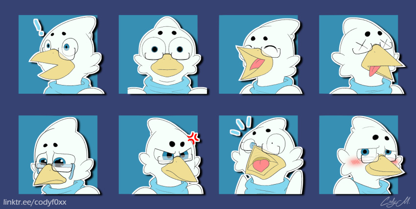 angry avian beak bird blue_eyes blush bodily_fluids closed_eyes codyf0xx crying death emote emotes emotion_chart eyewear fallow_(fallowwing) glasses hi_res neckwarmer open_mouth scared smile suprised_look tears white_body