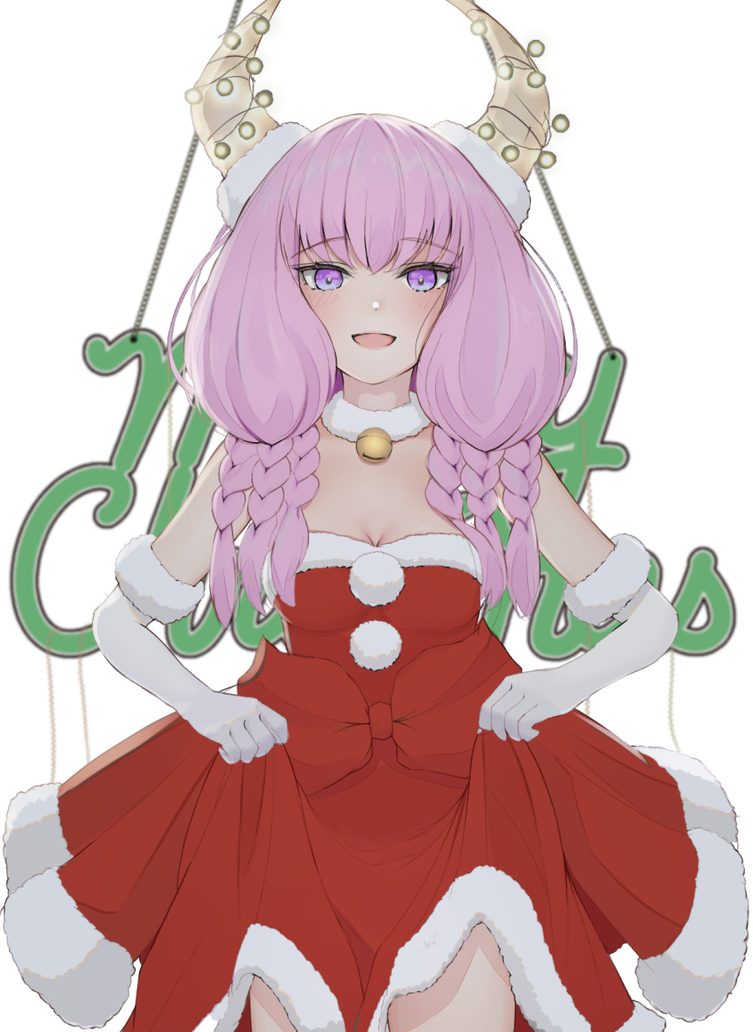 aura_(sousou_no_frieren) bell blush braid breasts christmas christmas_lights cleavage cowboy_shot demon_horns detached_collar dress elbow_gloves female fur-trimmed_dress fur-trimmed_gloves fur_collar fur_trim gloves highres horn_ornament horns jingle_bell looking_at_viewer medium_breasts merry_christmas multiple_braids open_mouth pink_hair purple_eyes red_dress santa_dress sharc skirt_hold solo sousou_no_frieren white_gloves