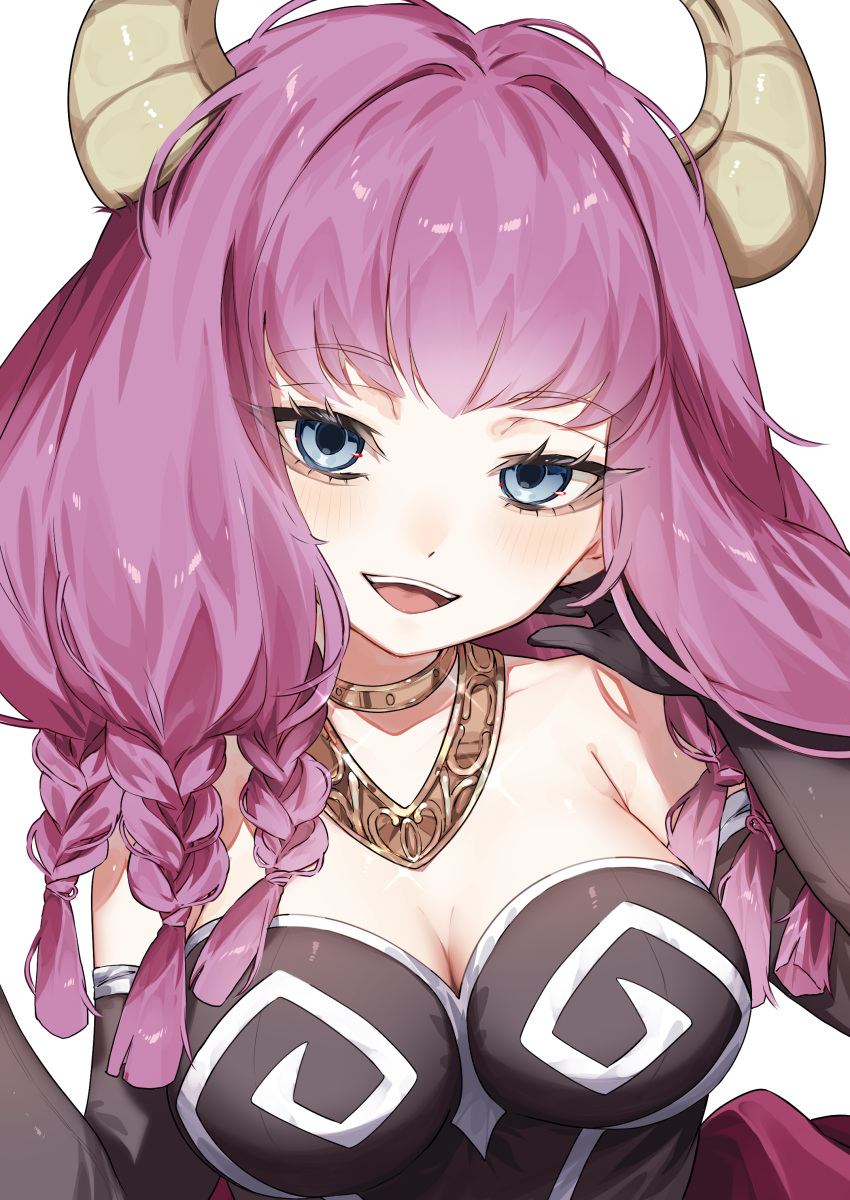 absurdres adjusting_hair armpit_crease aura_(sousou_no_frieren) blue_eyes blush braid breasts cleavage collarbone demon_horns elbow_gloves female gloves gorget highres horns ika_esu jewelry large_breasts looking_at_viewer medium_hair multiple_braids neck_ring open_mouth purple_hair simple_background solo sousou_no_frieren white_background