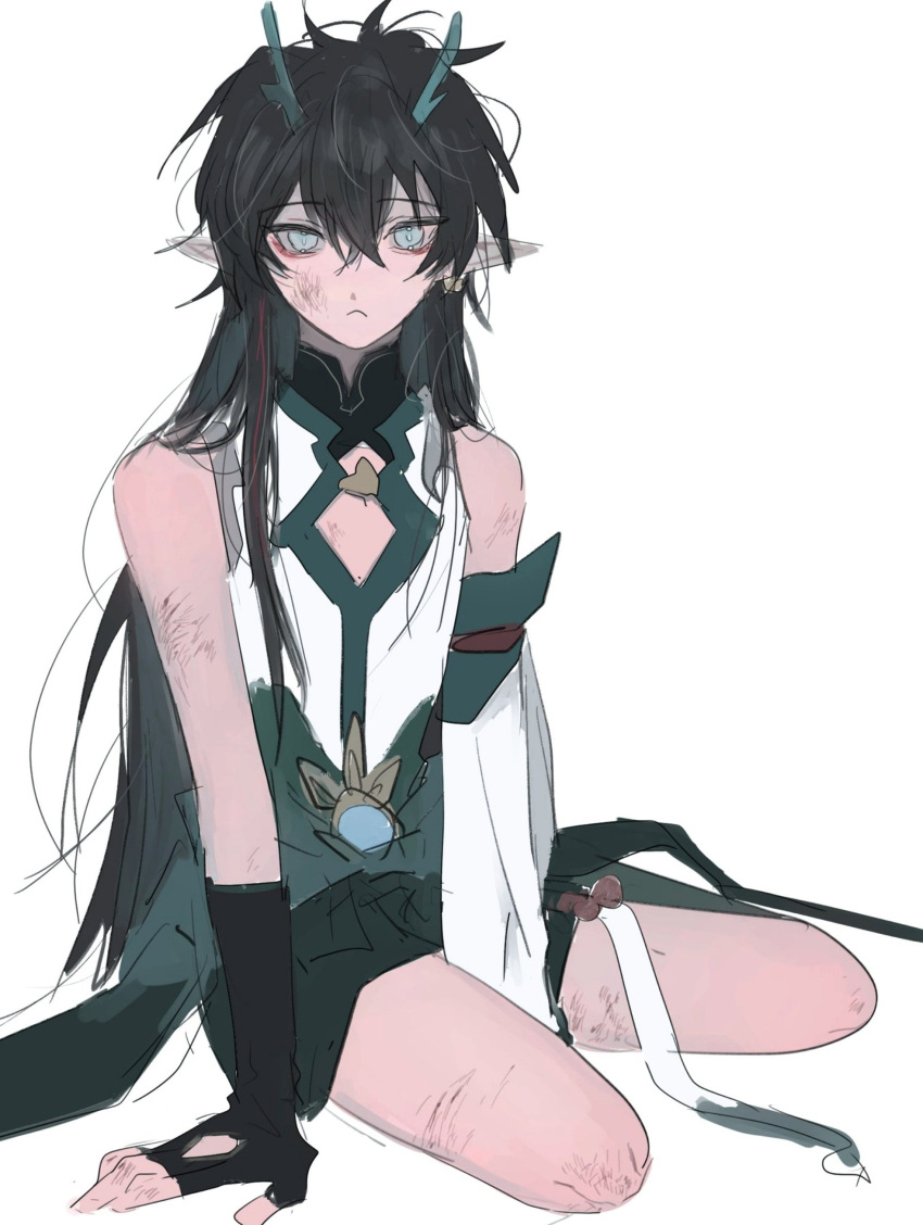 1boy 6_factorial :< absurdres amputee aqua_eyes arm_at_side between_legs black_gloves black_hair black_shorts brooch cleavage_cutout closed_mouth clothing_cutout collared_shirt commentary dan_heng_(honkai:_star_rail) dan_heng_(imbibitor_lunae)_(honkai:_star_rail) detached_sleeves double_amputee earrings fingerless_gloves frown full_body gloves green_horns green_sash hand_between_legs hand_rest highres honkai:_star_rail honkai_(series) horns injury invisible_chair jewelry legless_amputee long_hair long_sleeves looking_at_viewer male_focus messy_hair pointy_ears sash scratches shirt shorts sidelocks simple_background single_detached_sleeve single_sleeve sitting sleeveless sleeveless_shirt solo symbol-only_commentary very_long_hair waist_sash white_background white_shirt