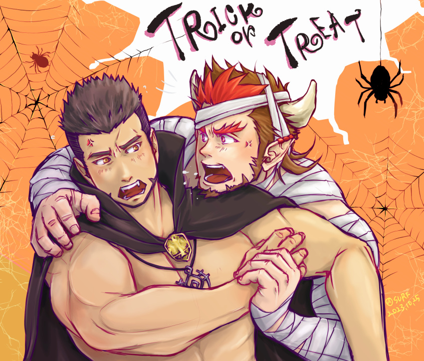 2boys anger_vein arguing bara black_hair brooch brown_eyes brown_hair bug commentary_request crave_saga dragon_boy dragon_horns english_text facial_hair fangs halloween highres horns jewelry key key_necklace looking_at_another male_focus multicolored_hair multiple_boys mummy_costume muscular muscular_male necklace open_mouth orange_background partial_commentary pectorals pointy_ears red_eyes red_hair safu_(maimai3737) scales short_hair silk spider spider_web tagmard_(crave_saga) topless_male trick_or_treat two-tone_hair undercut vampire_costume vastor_(crave_saga) yaoi