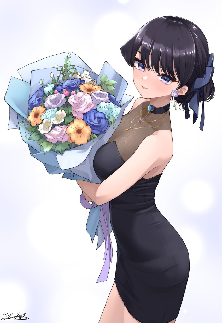 black_dress black_hair blue_background blue_eyes blush bouquet breasts choker cleavage dress earrings female flower gem hair_ribbon highres jewelry komi-san_wa_komyushou_desu komi_shouko large_breasts lens_flare light_smile looking_at_viewer necklace ribbon short_ponytail signature smile solo thighs yuhi_(yuhi_atb26)