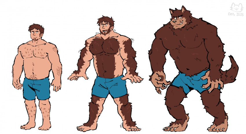 2023 anthro arm_hair barefoot beard biceps body_hair body_size_growth bottomwear brown_body brown_fur canid canine canis chest_hair clothing facial_hair feet fur grin growth hairy_legs half_naked happy_trail hi_res human human_to_anthro hunched_over leg_hair looking_at_viewer male mammal muscle_growth muscular muscular_anthro muscular_male mythological_canine mythological_creature mythology navel pecs sequence shirtless_male shorts simple_background size_transformation smile solo species_transformation standing transformation transformation_sequence were werecanid werecanine werewolf werewolfyaoi white_background wolf