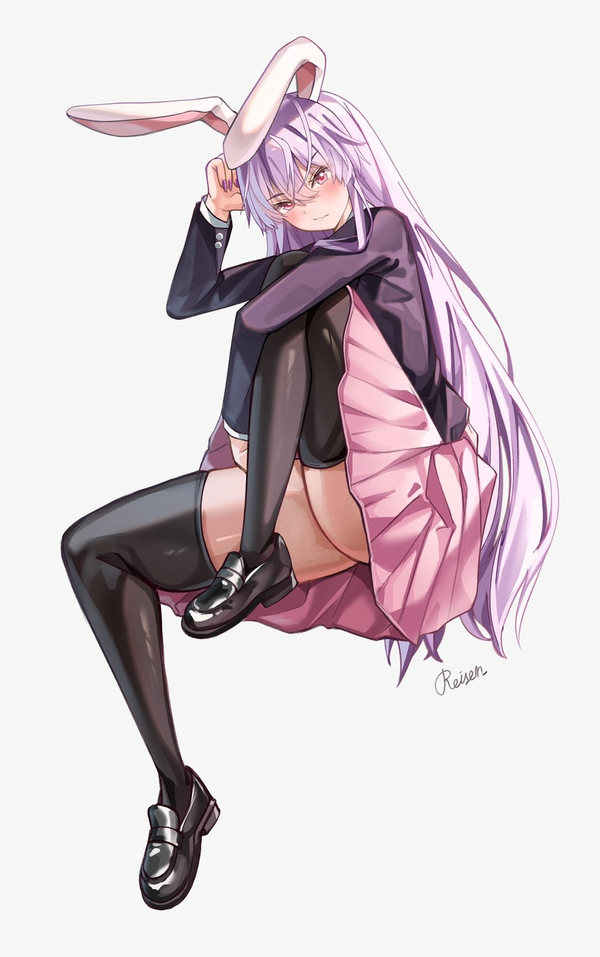 animal_ears arm_on_knee black_footwear black_jacket black_socks black_thighhighs blazer blush character_name commentary female floppy_ears full_body hair_between_eyes hand_up highres invisible_chair jacket leg_up long_hair long_sleeves looking_at_viewer mahoro_(minase_mahoro) mary_janes pink_eyes pink_skirt pleated_skirt purple_hair purple_nails rabbit_ears red_eyes reisen_udongein_inaba shoes simple_background sitting skirt socks solo tachi-e thighhighs thighs touhou very_long_hair white_background