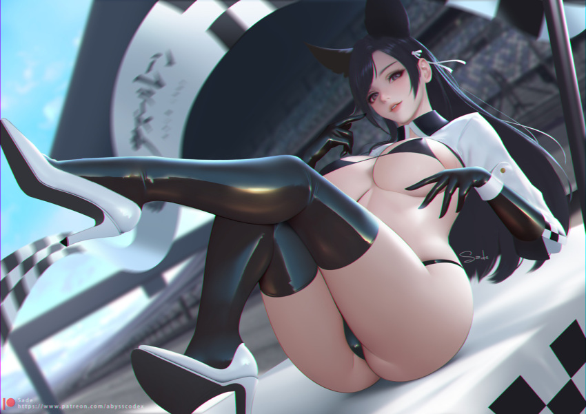 animal_ears artist_name ass atago_(azur_lane) atago_(stunning_speedster)_(azur_lane) azur_lane bikini black_bikini black_gloves black_hair black_thighhighs blurry breasts checkered_flag chinese_commentary day extra_ears female flag full_body gloves high_heels large_breasts latex latex_gloves latex_thighhighs long_hair looking_at_viewer official_alternate_costume outdoors patreon_logo race_queen racetrack sade_abyss shoes sitting sleeve_cuffs swimsuit thighhighs thong_bikini two-tone_bikini white_footwear yellow_eyes