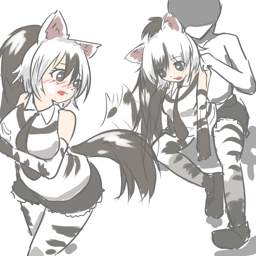 1:1 2022 aardwolf_(kemono_friends) aardwolf_humanoid animal_humanoid blush colored costume_transformation female hi_res humanoid hyena hyena_humanoid kemono_friends looking_back mammal mammal_humanoid simple_background solo tail tail_motion tailwag transformation tsfmimi white_background