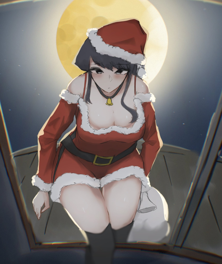 bag bell black_eyes black_hair blush boots bra_strap breasts choker cleavage cleavage_cutout clothing_cutout dress female full_moon hat highres komi-san_wa_komyushou_desu komi_shouko large_breasts long_hair miniskirt moon moonlight neck_bell night night_sky santa_boots santa_costume santa_dress santa_hat skirt sky solo thighs through_window window yona_springer