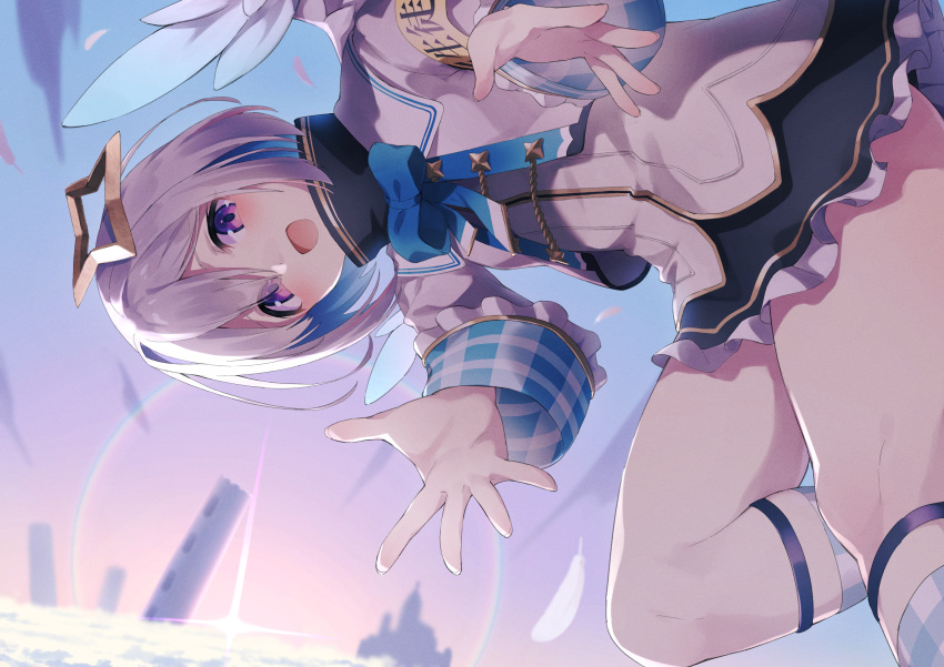 absurdres amane_kanata amane_kanata_(1st_costume) angel angel_wings armband black_dress blue_hair blue_sky blush colored_inner_hair commentary_request dress feathered_wings feathers female fragir grey_hair grey_jacket halo highres hololive jacket looking_at_viewer multicolored_hair open_mouth partial_commentary purple_eyes short_hair sky smile solo star_halo turtleneck turtleneck_dress virtual_youtuber wings yellow_armband