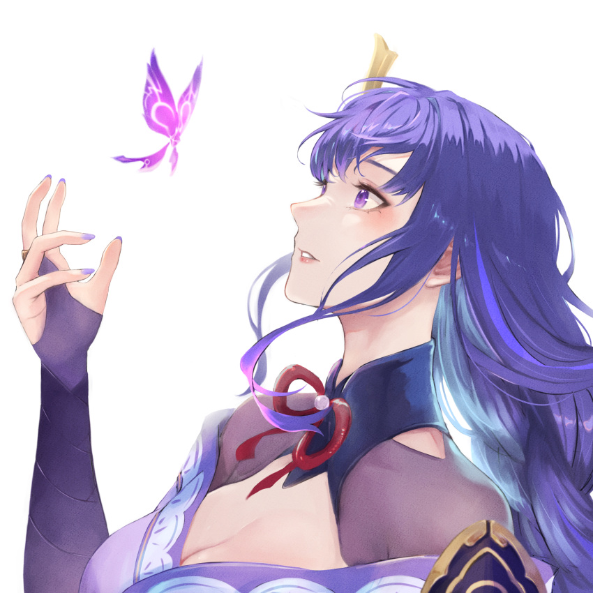 armor breasts bridal_gauntlets bug butterfly cleavage crystalfly_(genshin_impact) female from_side genshin_impact hair_ornament highres japanese_clothes kimono koko_(koko67956359) large_breasts long_hair looking_up parted_lips purple_butterfly purple_eyes purple_hair purple_kimono purple_nails raiden_shogun shoulder_armor simple_background solo upper_body white_background