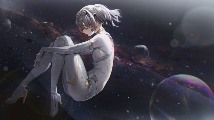 absurdres black_tiara bodysuit breasts chinese_commentary closed_eyes commentary curled_up female fetal_position floating from_side full_body grey_bodysuit grey_hair hair_intakes high_heels highres lens_flare nanami:_starfarer_(punishing:_gray_raven) nanami_(punishing:_gray_raven) nebula official_art official_wallpaper one_side_up planet punishing:_gray_raven short_hair skin_tight small_breasts solo space spacesuit star_(sky) tiara xtears_kitsune