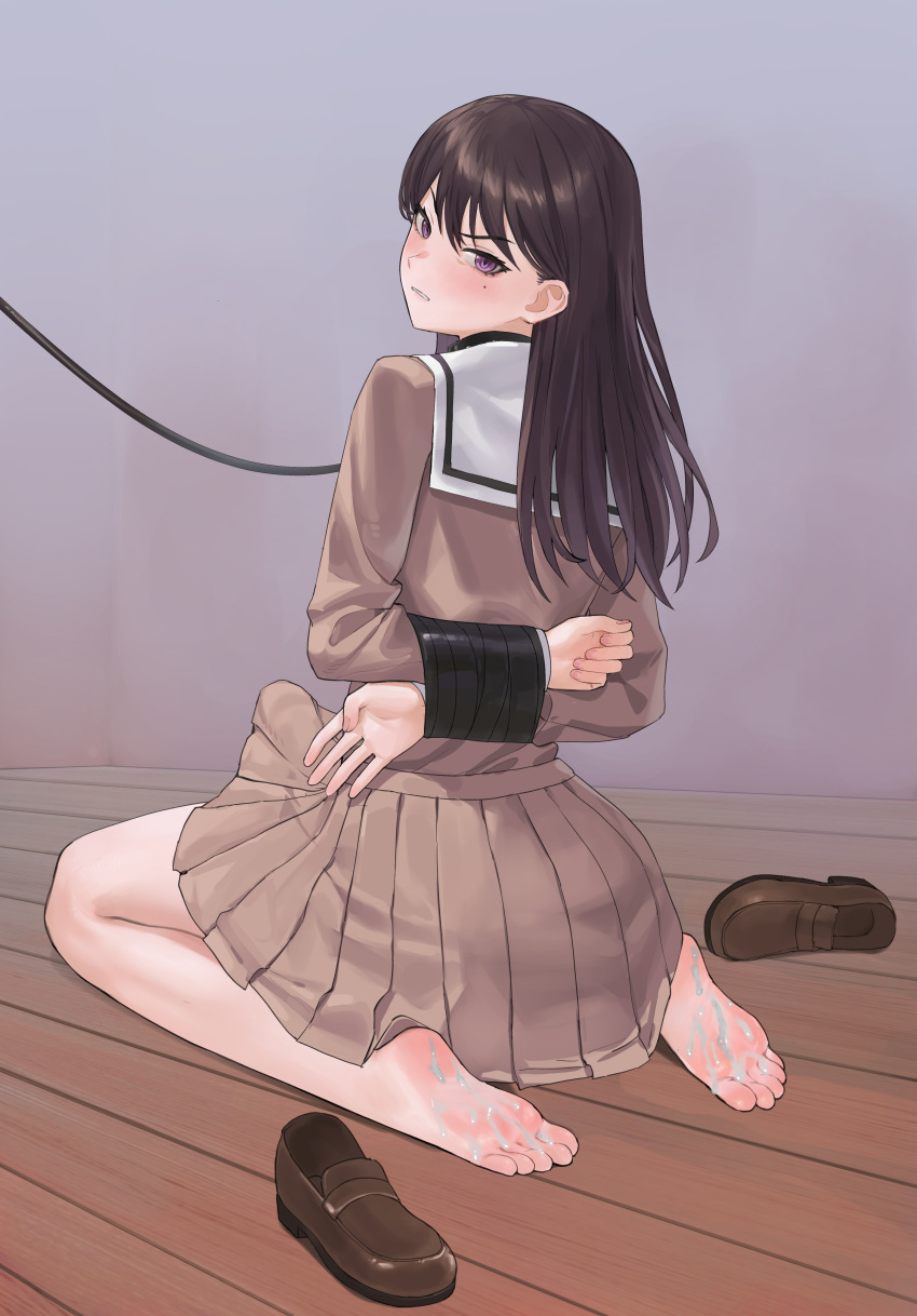 absurdres bang_dream! bang_dream!_it's_mygo!!!!! bare_legs barefoot black_hair bondage bondage bound bound_arms bound_wrists brown_footwear brown_skirt chuck_(harfmoondark) commentary_request cuffs cum cum_on_body cum_on_feet feet female hanasakigawa_school_uniform highres legs loafers long_hair looking_at_viewer looking_back pleated_skirt purple_eyes restrained sailor_collar school_uniform serafuku shiina_taki shoes skirt soles tape tape_bondage toes unworn_shoes