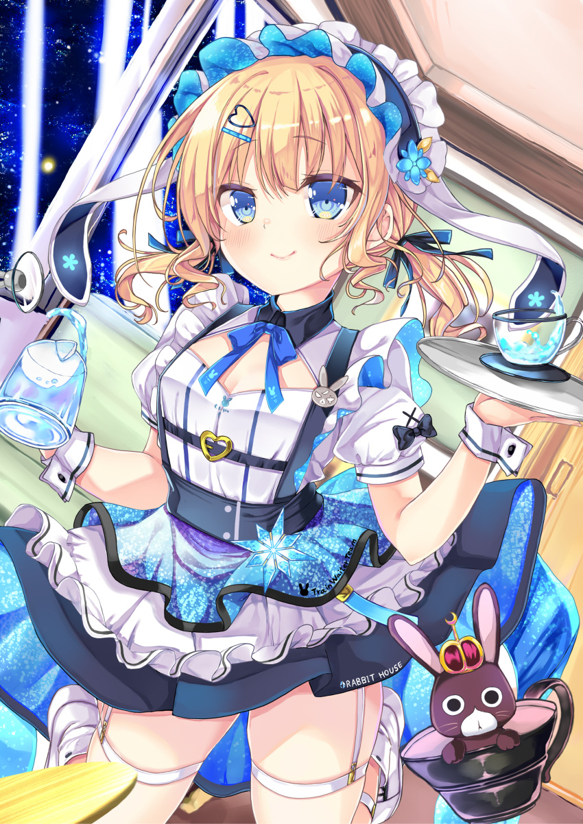 absurdres blonde_hair blue_eyes breasts cleavage closed_mouth commentary_request dress female gochuumon_wa_usagi_desu_ka? hair_ornament hairclip highres holding holding_tray kirima_syaro looking_at_viewer maid maid_headdress medium_hair neko_pan puffy_short_sleeves puffy_sleeves short_sleeves small_breasts solo thigh_strap tray twintails white_footwear wrist_cuffs