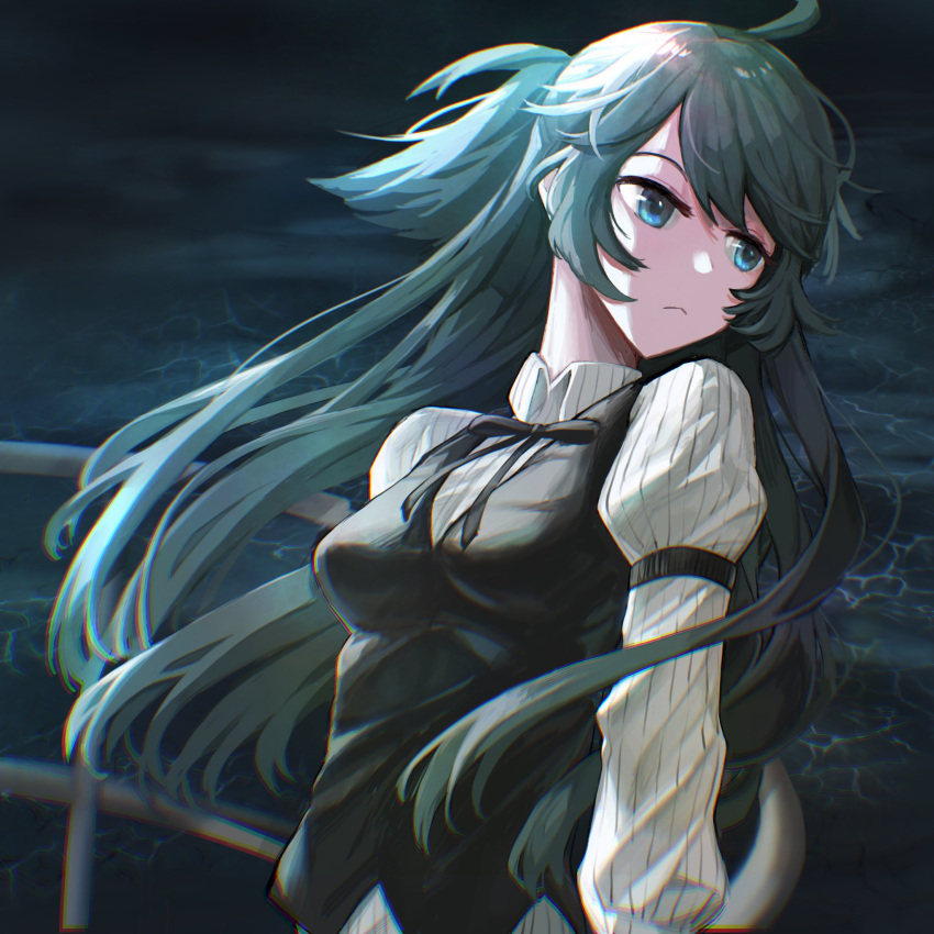 :< against_railing ahoge albatross_koukairoku arms_at_sides black_vest blue_eyes boukensha_c breasts collared_shirt commentary_request expressionless female floating_hair green_hair half-closed_eyes half_updo highres impossible_clothes impossible_vest large_breasts leaning_back long_hair looking_to_the_side neck_ribbon night ocean outdoors pinstripe_pattern pinstripe_shirt railing ribbon shirt short_ponytail sidelighting sleeve_garter solo stowaway_(albatross_koukairoku) striped upper_body vest white_shirt